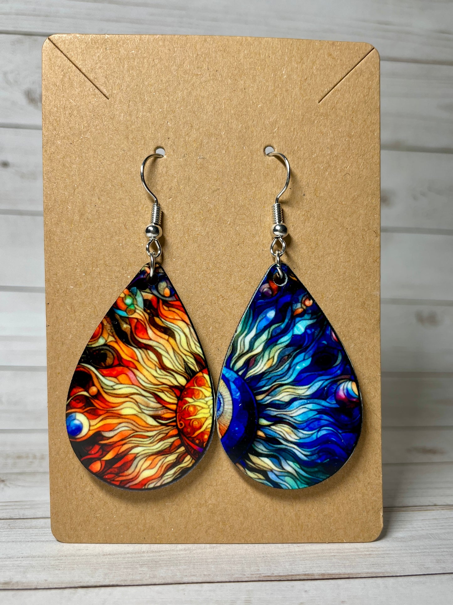 Stained Glass Style Teardrop Earrings | Sun and Moon Celestial Design | MDF Wood Jewelry | Mismatched Earrings