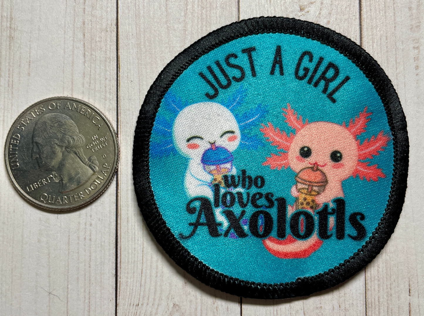 Cookie Season Just a Girl who loves Axolotls Sublimated Patch | 2.57" Iron-On | Polyester Design | Cute Bubble Tea Axolotls 2024