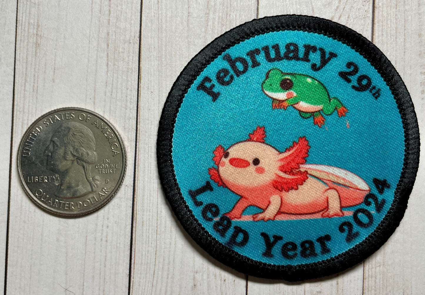 Cookie Season February 29th Leap Year 2024 Axolotl & Frog Sublimated Patch | 2.57" Iron-On | Polyester Design | Leap Year Celebration 2024