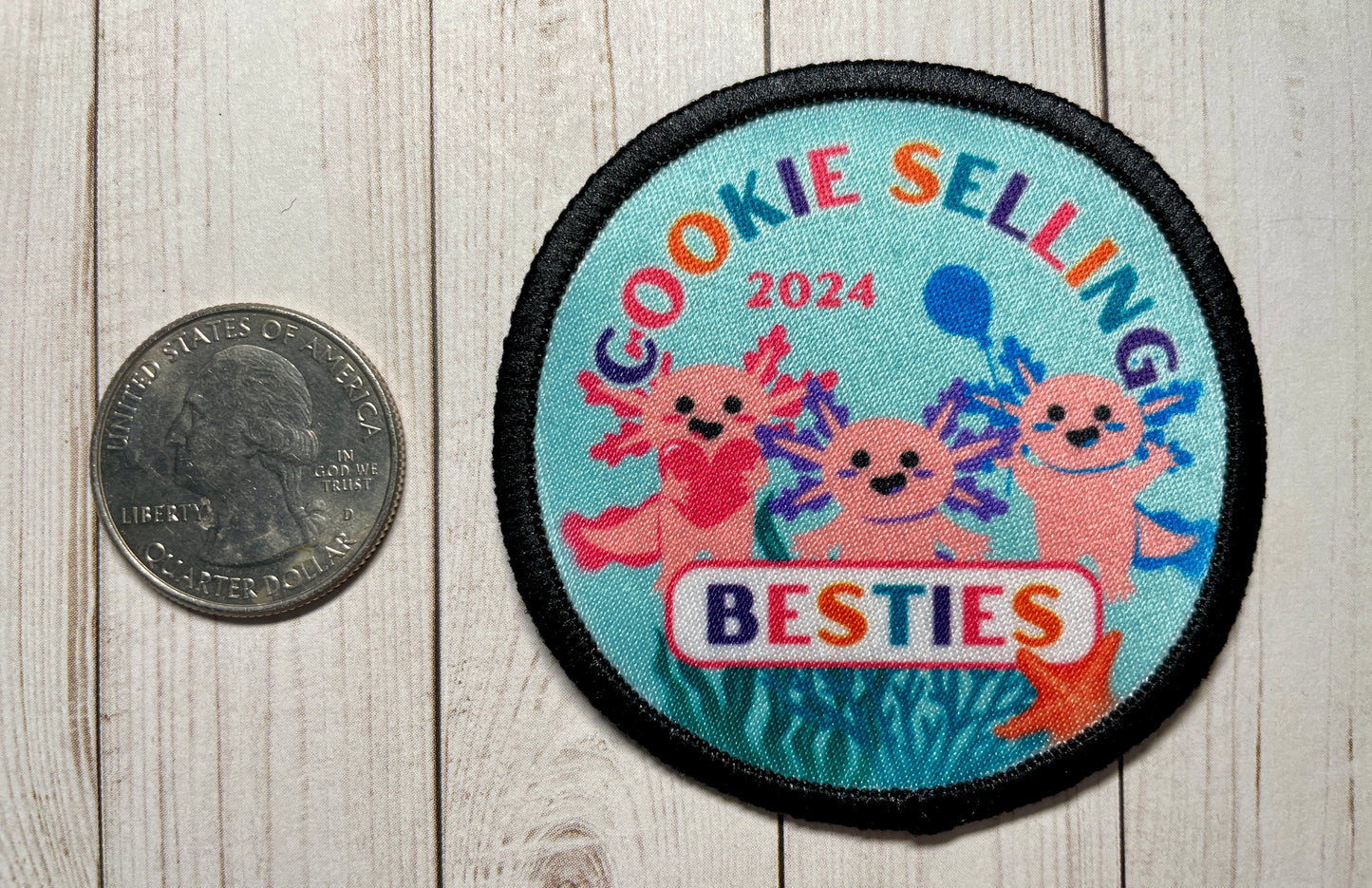 Cookie Selling Besties | Pink Axolotls | 2.57" Round Sublimated Iron-On Patch | 2, 3, or 4 Axolotls Available 2024