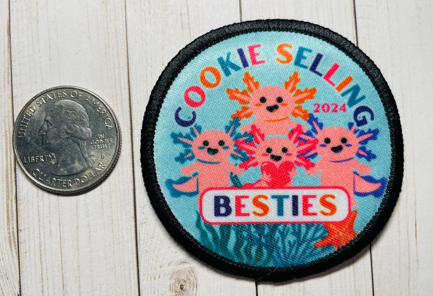 Cookie Selling Besties | Pink Axolotls | 2.57" Round Sublimated Iron-On Patch | 2, 3, or 4 Axolotls Available 2024