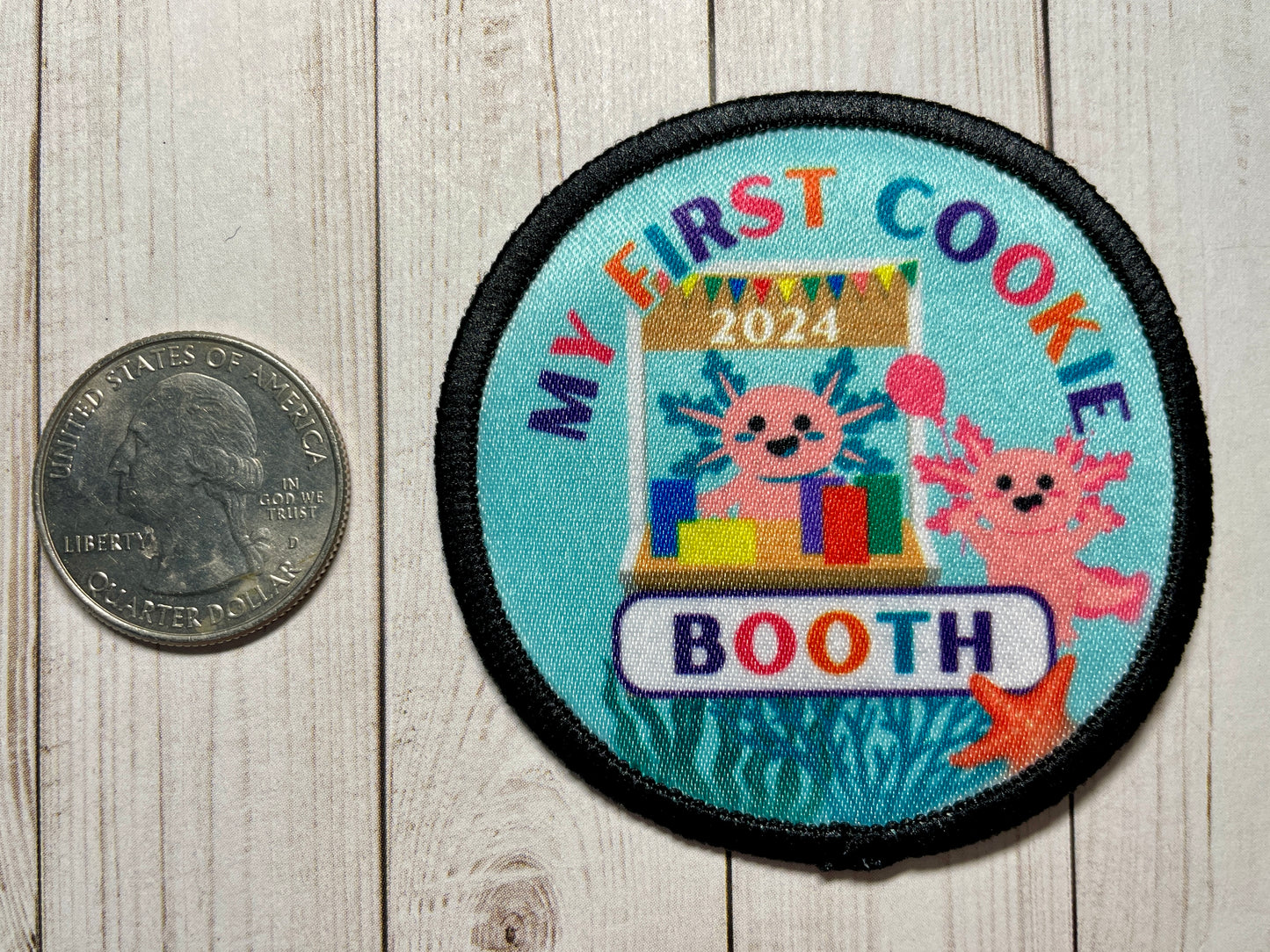Cookie Season My First Cookie Booth Axolotls Sublimated Patch | 2.57" Iron-On | Polyester Design | Cute Axolotl Cookie Sellers 2024