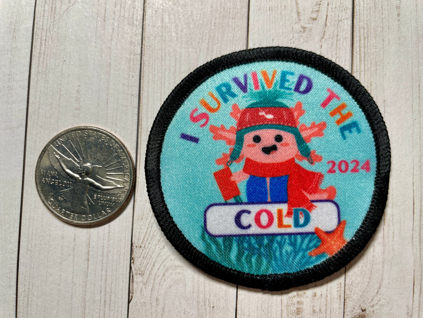 Cookie Season I Survived the Cold Axolotl Sublimated Patch | 2.57" Iron-On | Polyester Design | Winter Hat & Cookies 2024