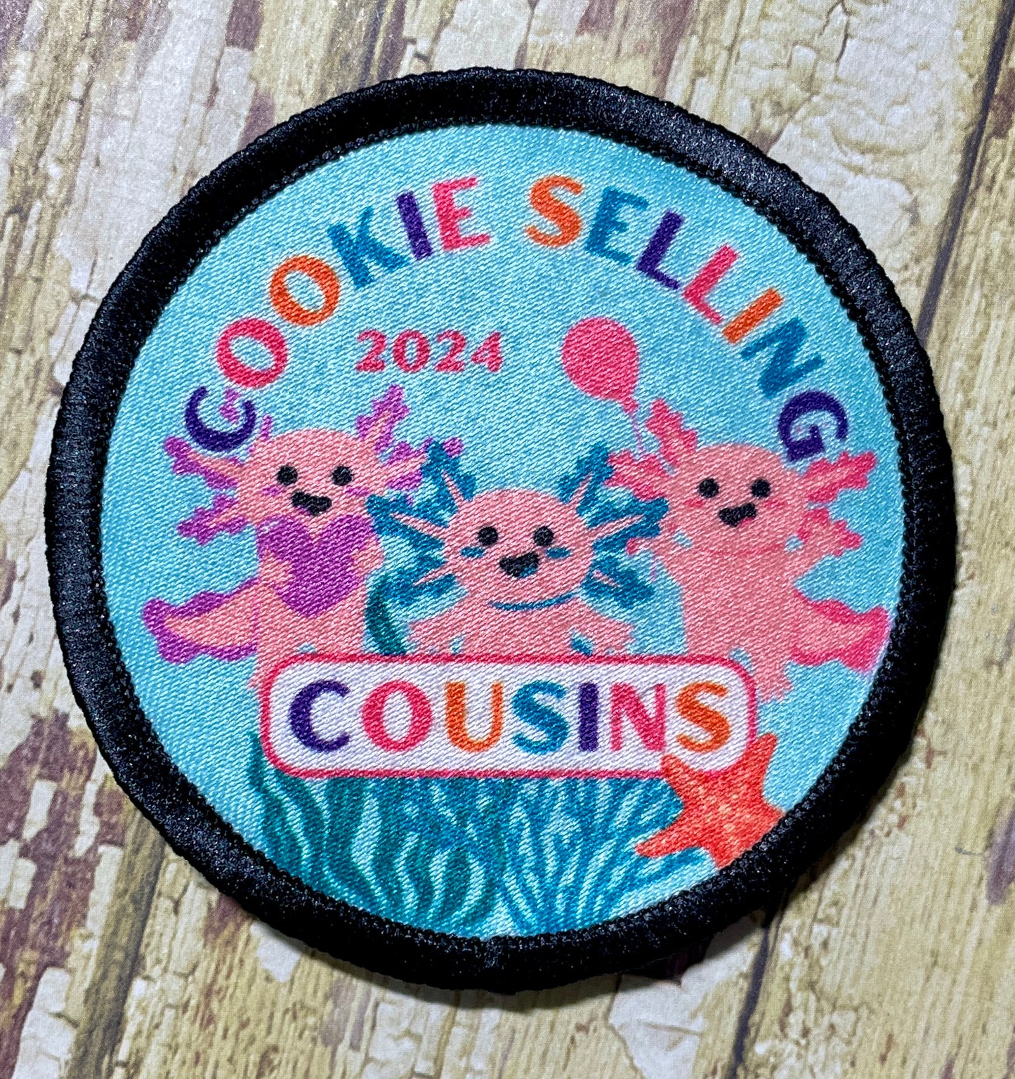 Cookie Selling Cousins | Pink Axolotls | 2.57" Round Sublimated Iron-On Patch | 2, 3, or 4 Axolotls Available 2024