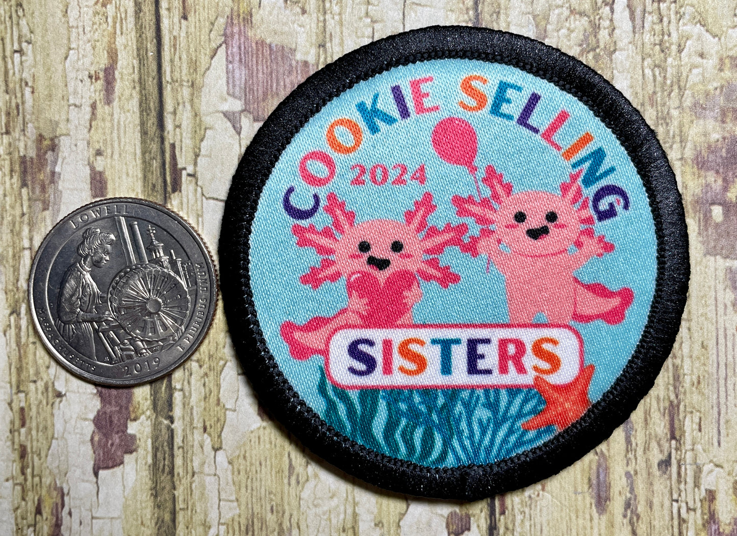 Cookie Selling Sisters | Pink Axolotls | 2.57" Round Sublimated Iron-On Patch | 2, 3, or 4 Axolotls Available 2024