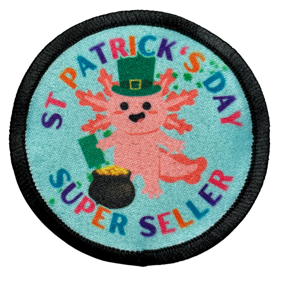 Cookie Season St. Patrick’s Day Super Seller Axolotl Sublimated Patch | 2.37" Iron-On | Polyester Design 2024