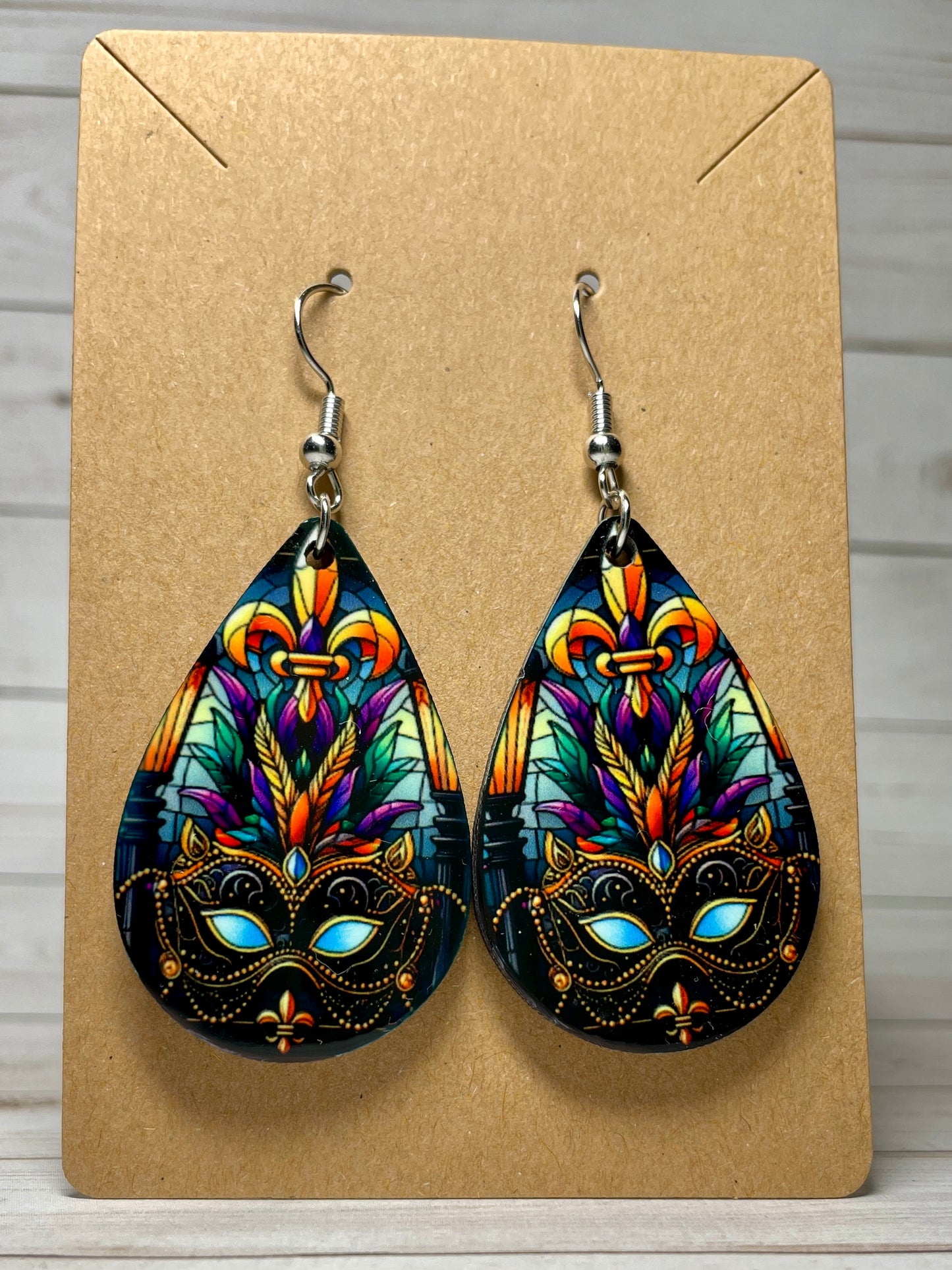 MDF Wood Teardrop Earrings | Stained Glass Style | Mardi Gras Mask Design | Fleur-de-lis