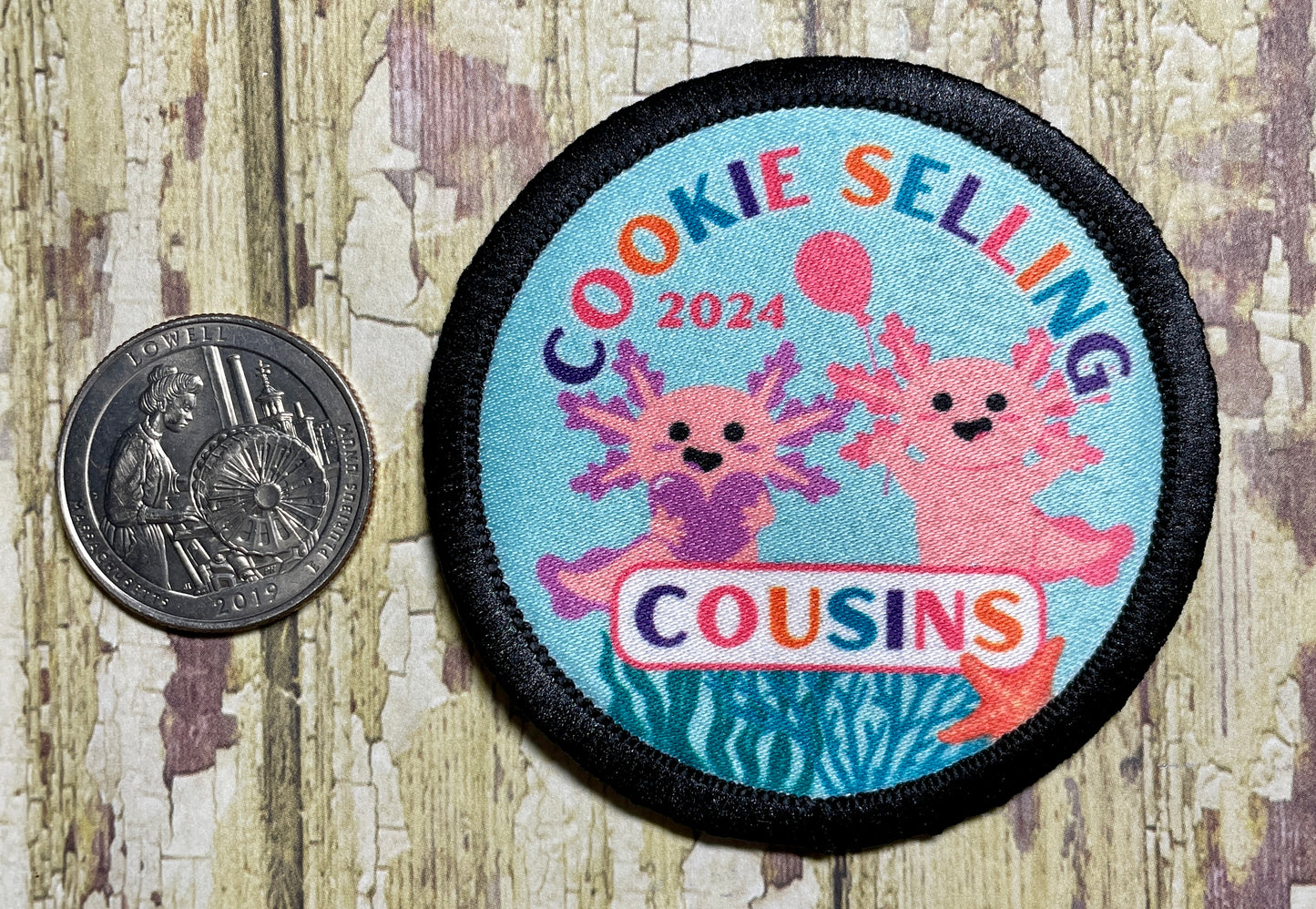 Cookie Selling Cousins | Pink Axolotls | 2.57" Round Sublimated Iron-On Patch | 2, 3, or 4 Axolotls Available 2024