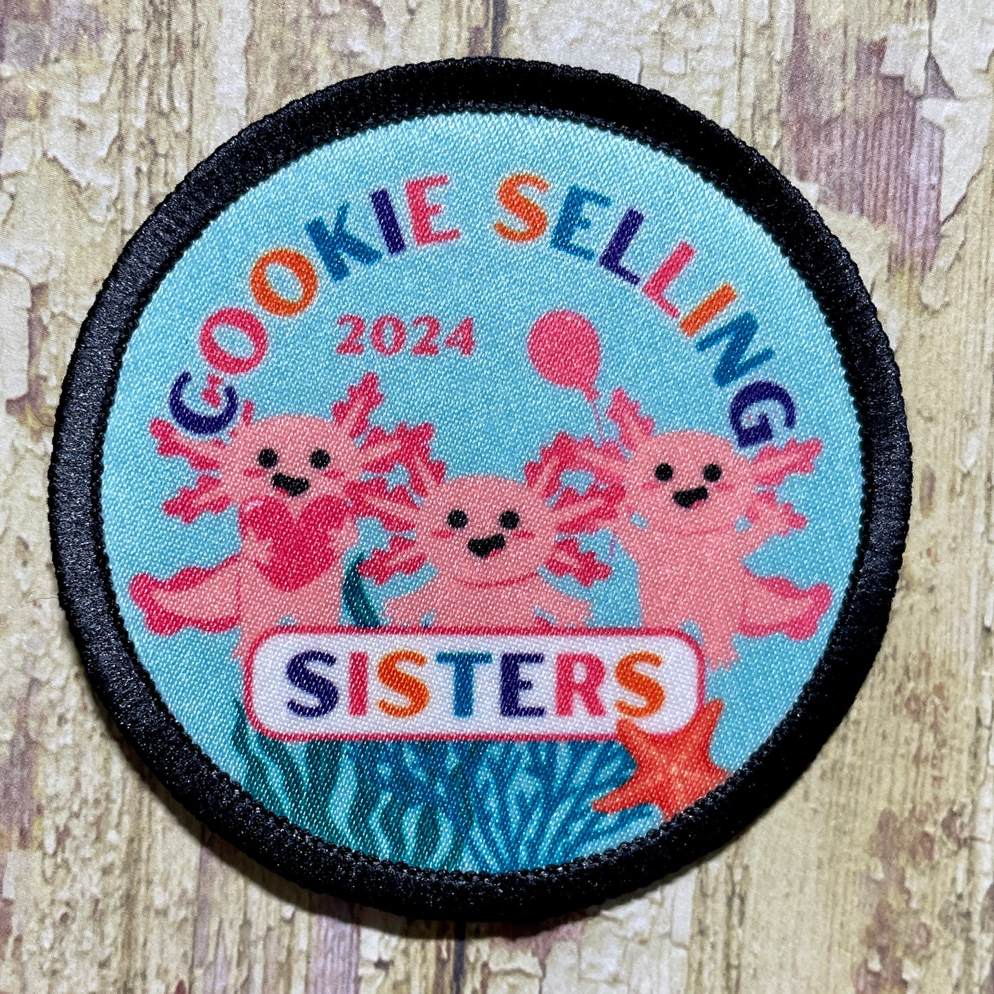 Cookie Selling Sisters | Pink Axolotls | 2.57" Round Sublimated Iron-On Patch | 2, 3, or 4 Axolotls Available 2024
