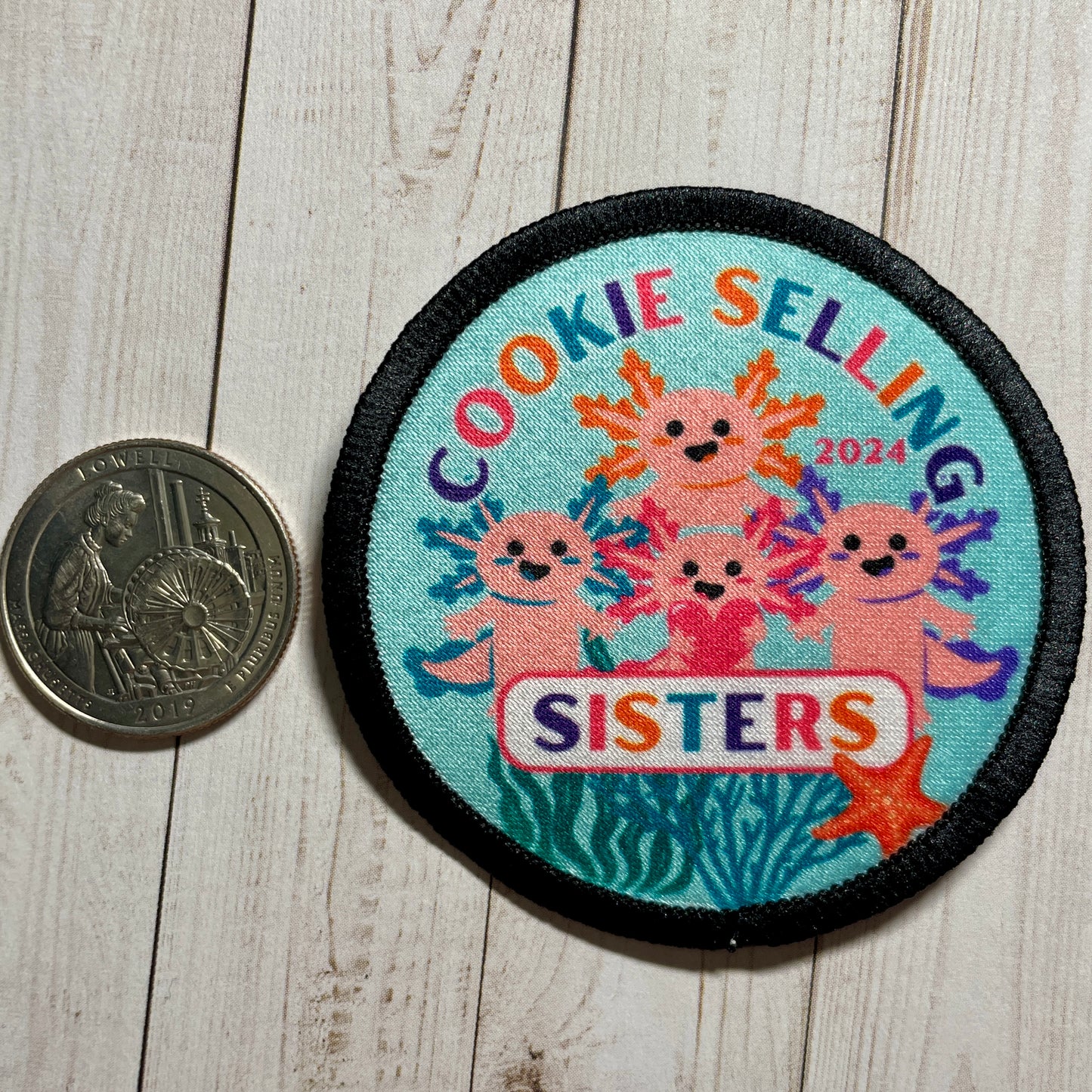 Cookie Selling Sisters | Pink Axolotls | 2.57" Round Sublimated Iron-On Patch | 2, 3, or 4 Axolotls Available 2024