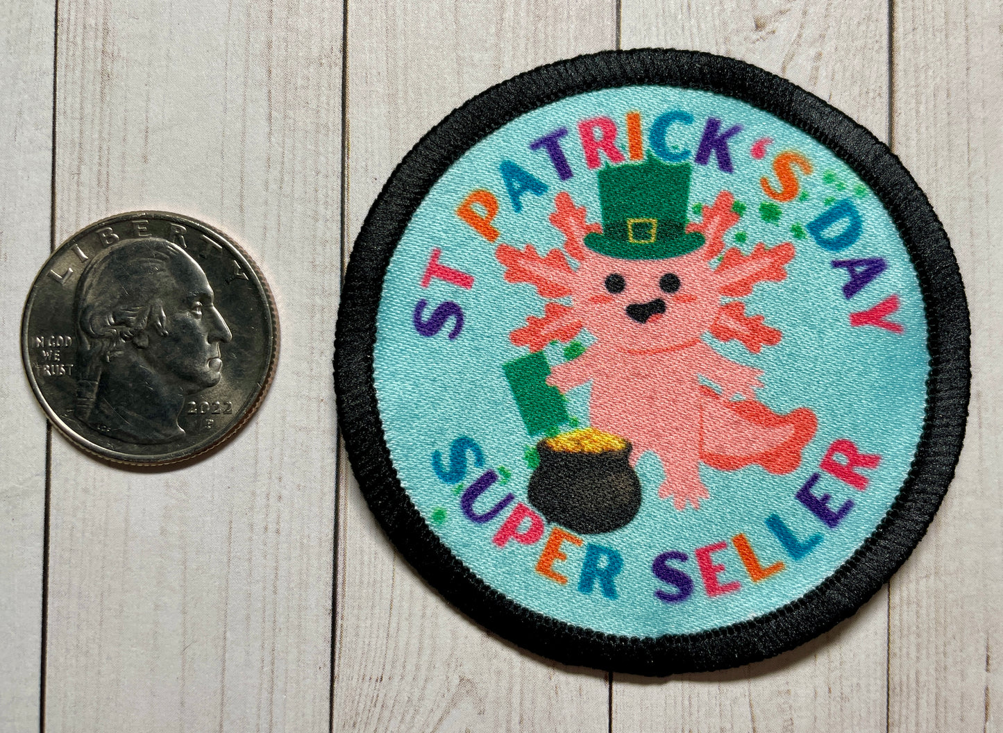 Cookie Season St. Patrick’s Day Super Seller Axolotl Sublimated Patch | 2.37" Iron-On | Polyester Design 2024