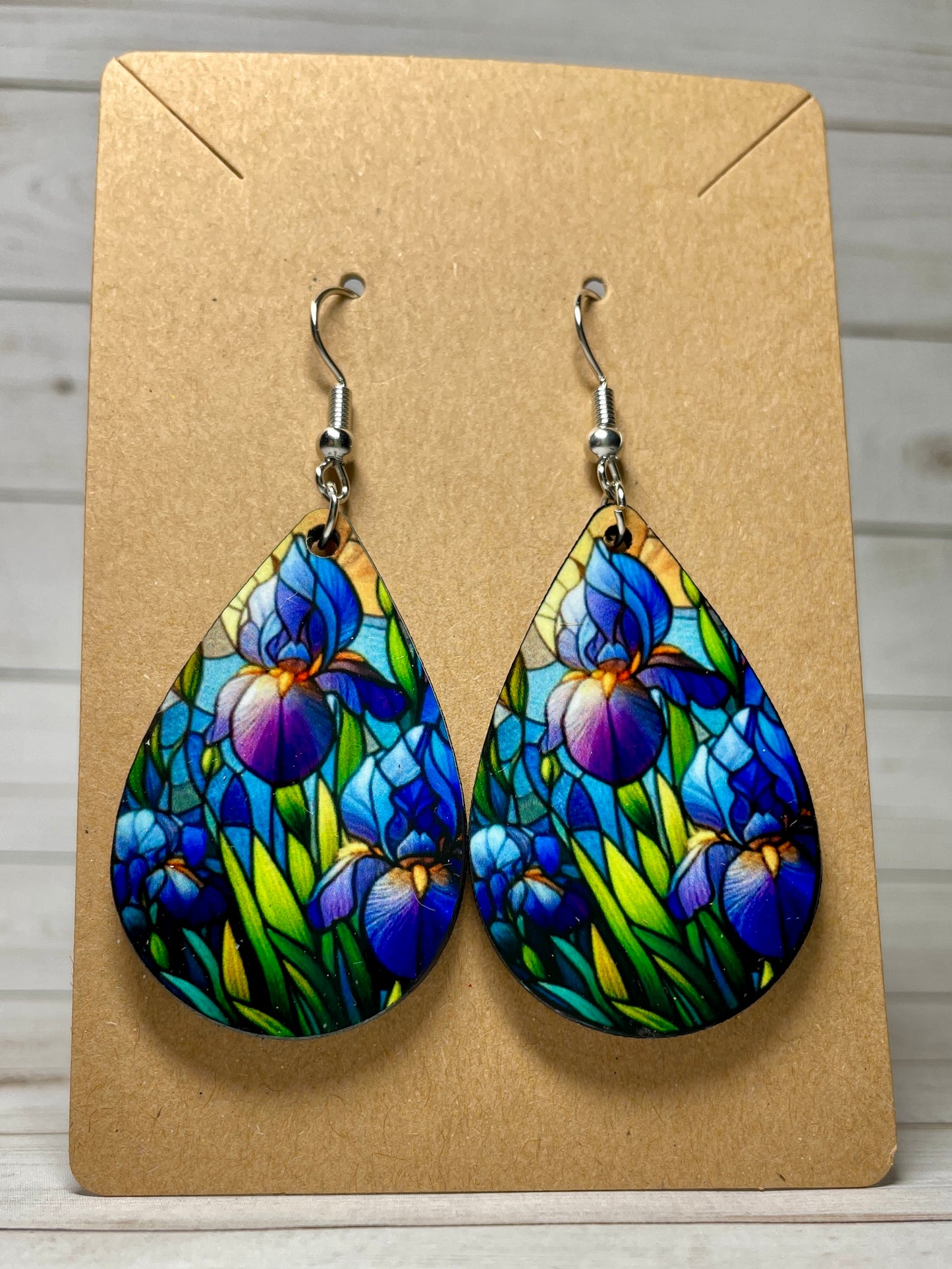 MDF Wood Teardrop Earrings | Stained Glass Style | Louisiana Iris Design