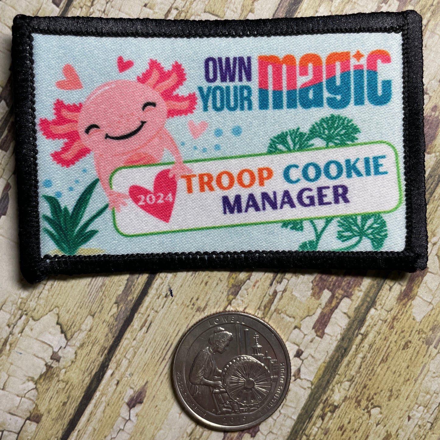 Cookie Season Troop Cookie Coordinator Iron On Patch 8x5 cm | Axolotl Sublimated Badge | Scout Leader Patch | DIY Scout Badge | Sew-On Patch | Scout Troop Gear 2024