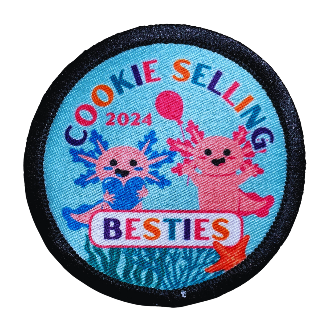 Cookie Selling Besties | Pink Axolotls | 2.57" Round Sublimated Iron-On Patch | 2, 3, or 4 Axolotls Available 2024