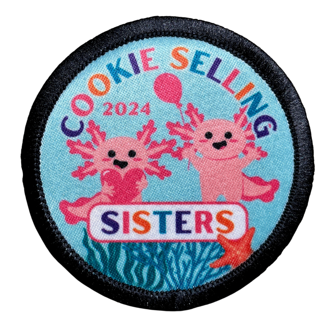 Cookie Selling Sisters | Pink Axolotls | 2.57" Round Sublimated Iron-On Patch | 2, 3, or 4 Axolotls Available 2024