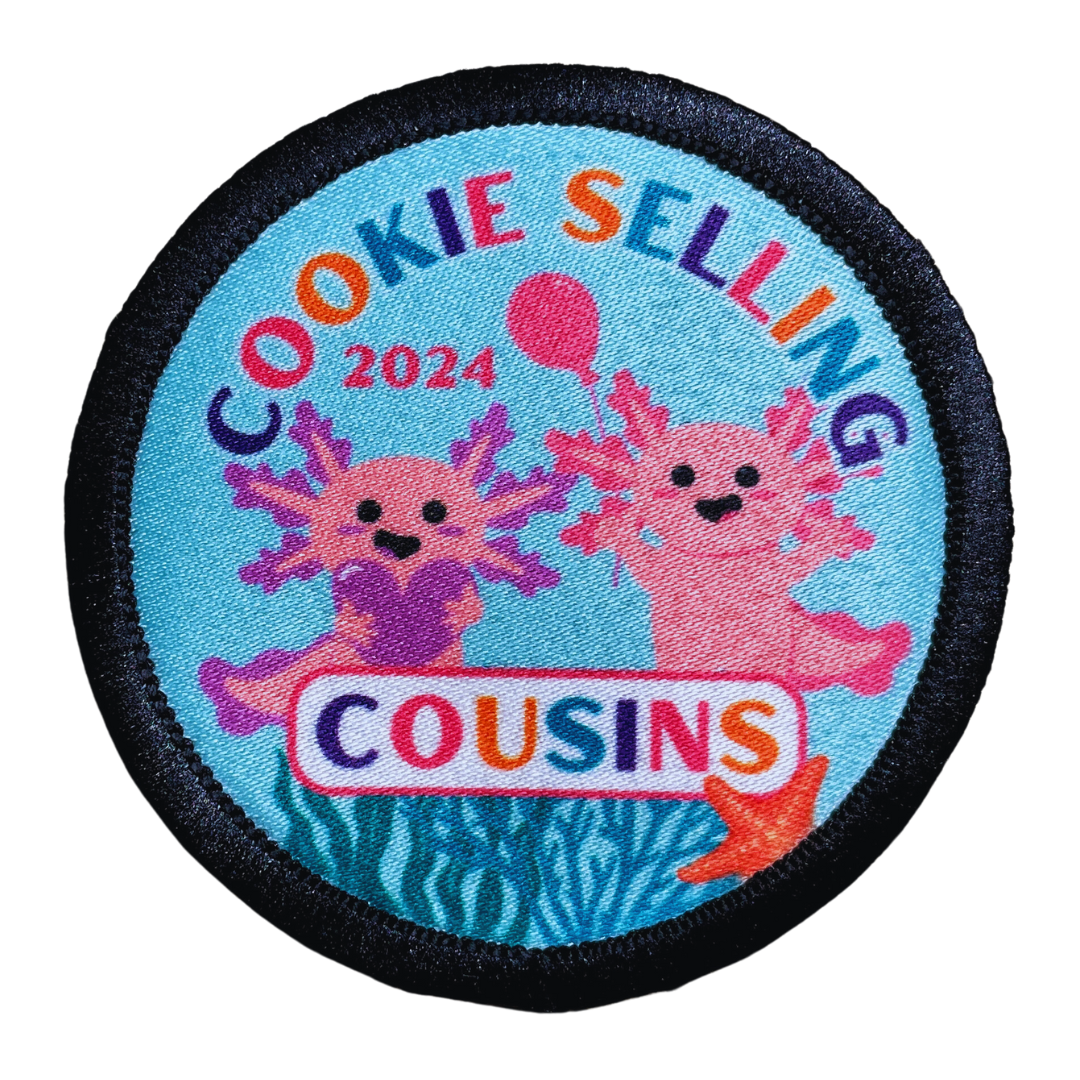 Cookie Selling Cousins | Pink Axolotls | 2.57" Round Sublimated Iron-On Patch | 2, 3, or 4 Axolotls Available 2024