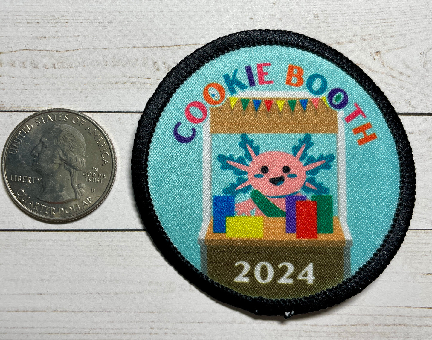 Cookie Season Cookie Booth Axolotl | 2.57" Round Sublimated Iron-On Patch | Cute Patch for Scouts 2024
