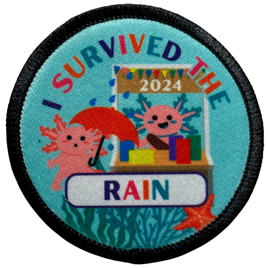 Cookie Season I Survived the Rain Axolotl Sublimated Patch | 2.57" Iron-On | Polyester Design | Umbrella Customer & Cookie Booth 2024