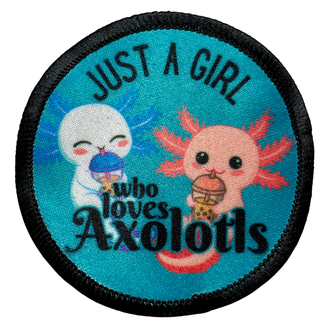Cookie Season Just a Girl who loves Axolotls Sublimated Patch | 2.57" Iron-On | Polyester Design | Cute Bubble Tea Axolotls 2024