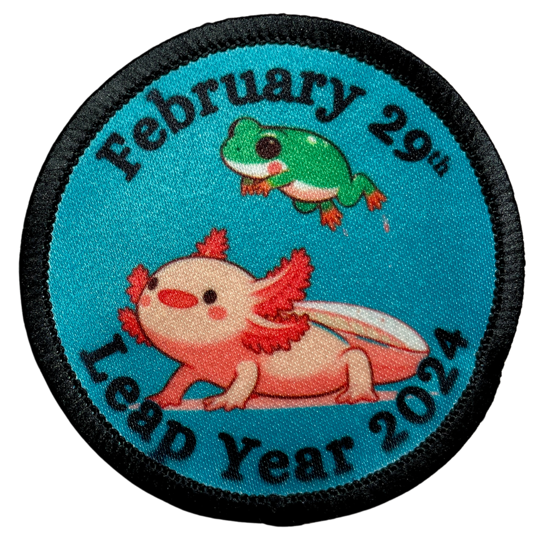 Cookie Season February 29th Leap Year 2024 Axolotl & Frog Sublimated Patch | 2.57" Iron-On | Polyester Design | Leap Year Celebration 2024