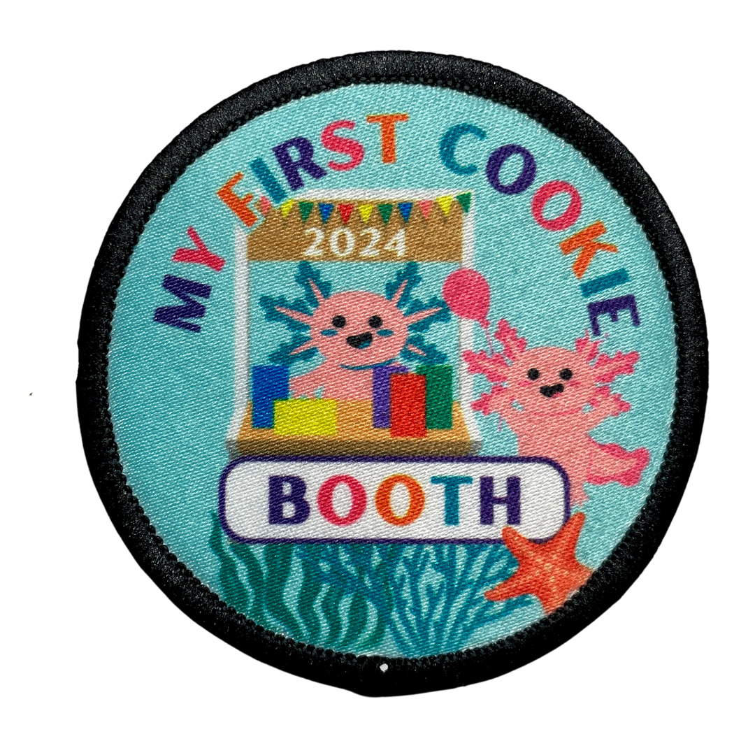Cookie Season My First Cookie Booth Axolotls Sublimated Patch | 2.57" Iron-On | Polyester Design | Cute Axolotl Cookie Sellers 2024