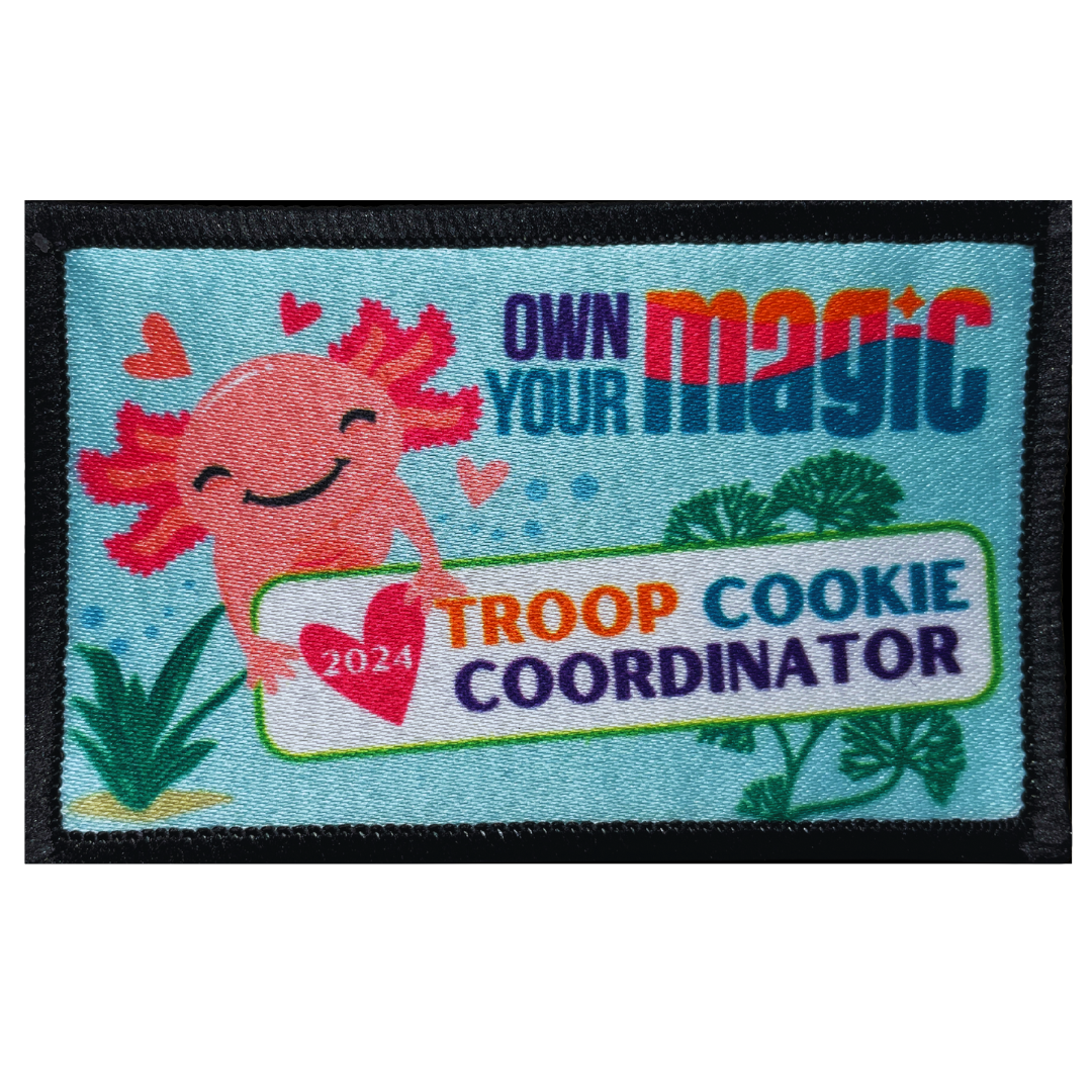 Cookie Season Troop Cookie Coordinator Iron On Patch 8x5 cm | Axolotl Sublimated Badge | Scout Leader Patch | DIY Scout Badge | Sew-On Patch | Scout Troop Gear 2024